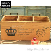 INPHIC-歐式復古筆筒三格遙控木盒收納盒做舊復古桌面實木